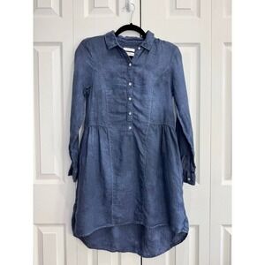 Halston Chambray Shirt Dress Women's XS Navy Blue Long-Sleeve Collared 100%Linen